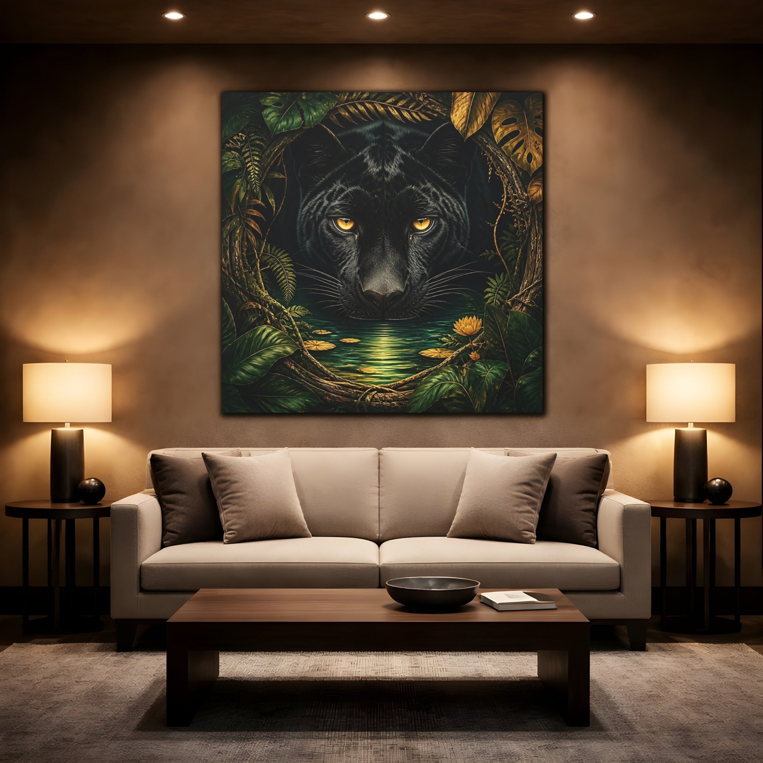 Mockup 2. Animals Black Panther Black And Green shown as stretched canvas wall art