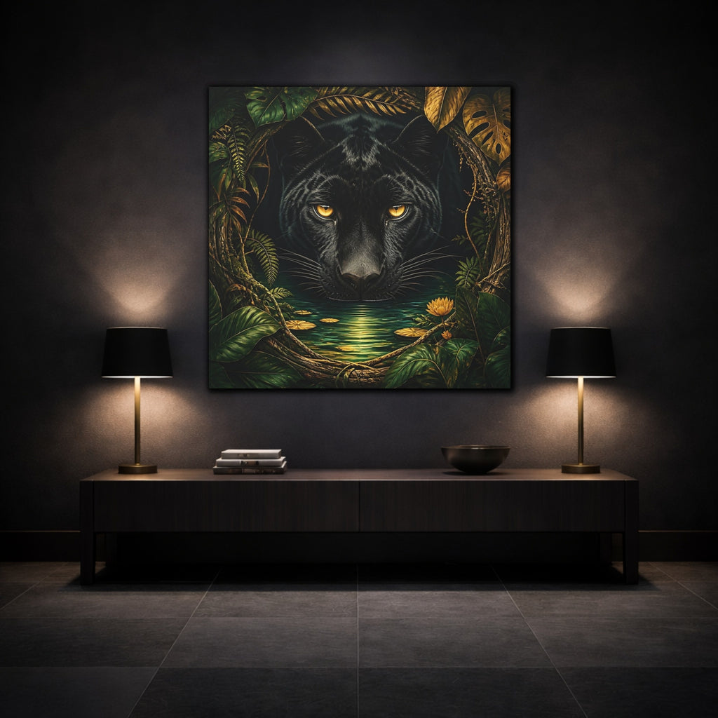 Mockup 3. Animals Black Panther Black And Green shown as stretched canvas wall art