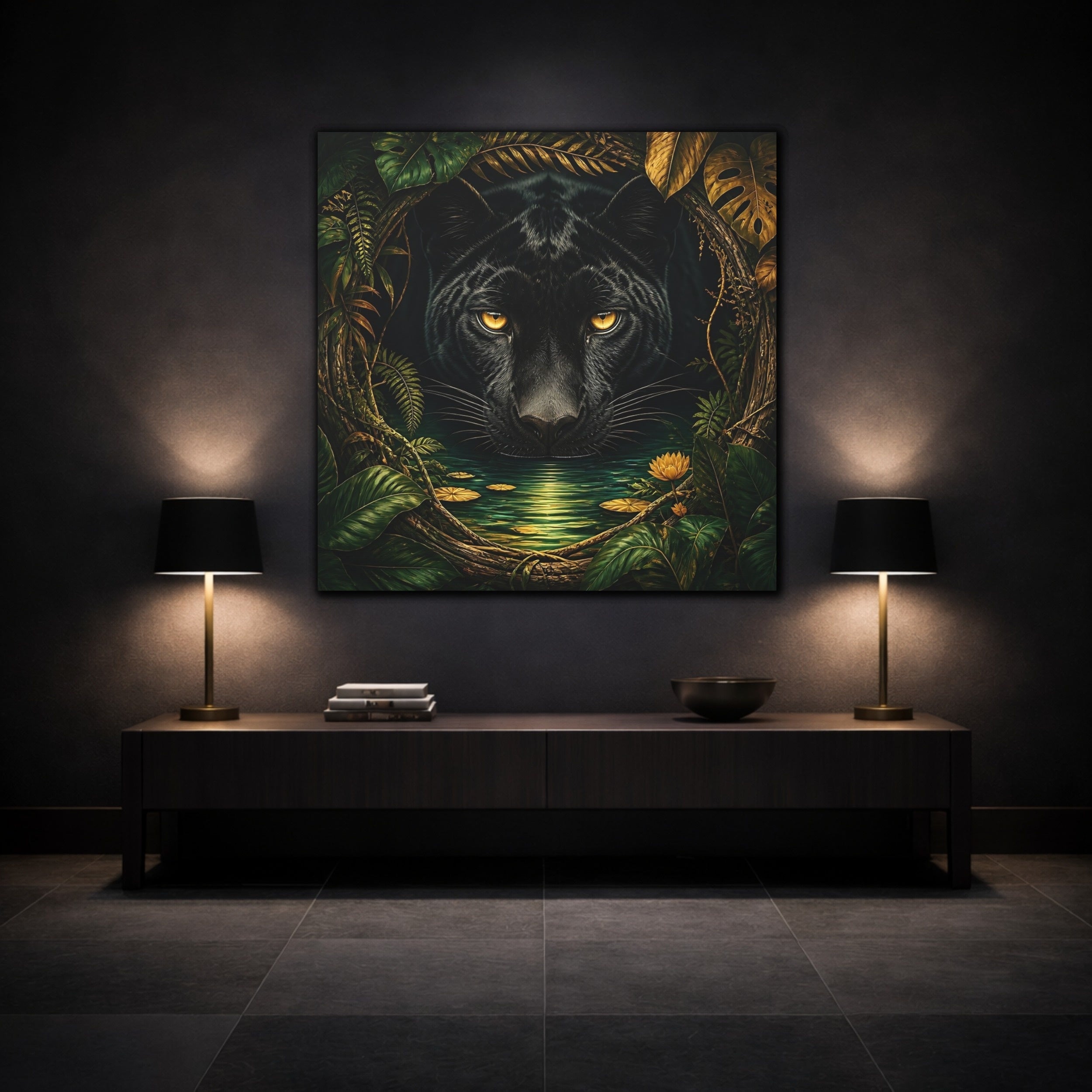 Mockup 3. Animals Black Panther Black And Green shown as stretched canvas wall art