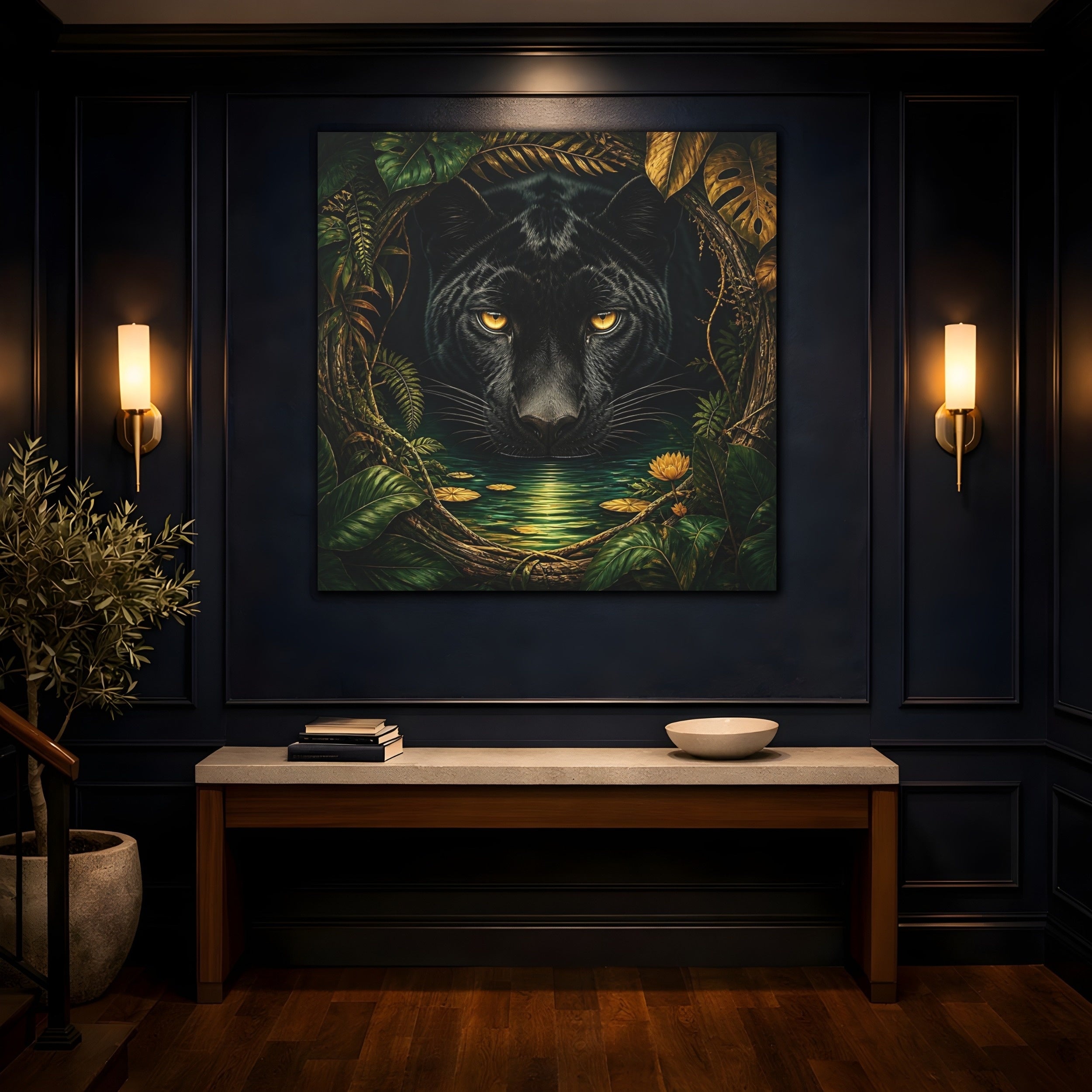 Mockup 4. Animals Black Panther Black And Green shown as stretched canvas wall art