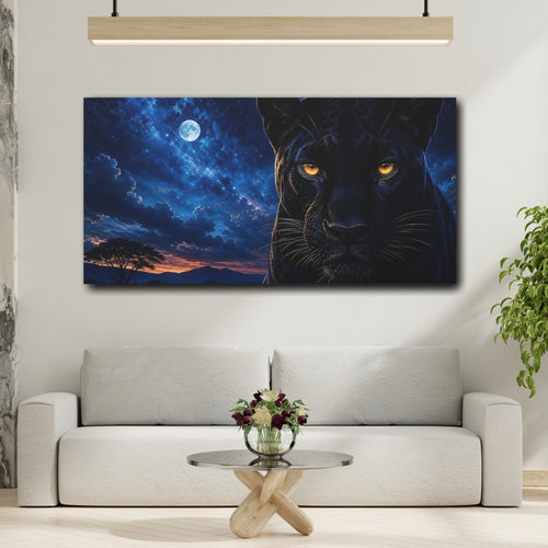 Mockup 2. Animals Black Panther Black Panther Blue Night shown as stretched canvas wall art