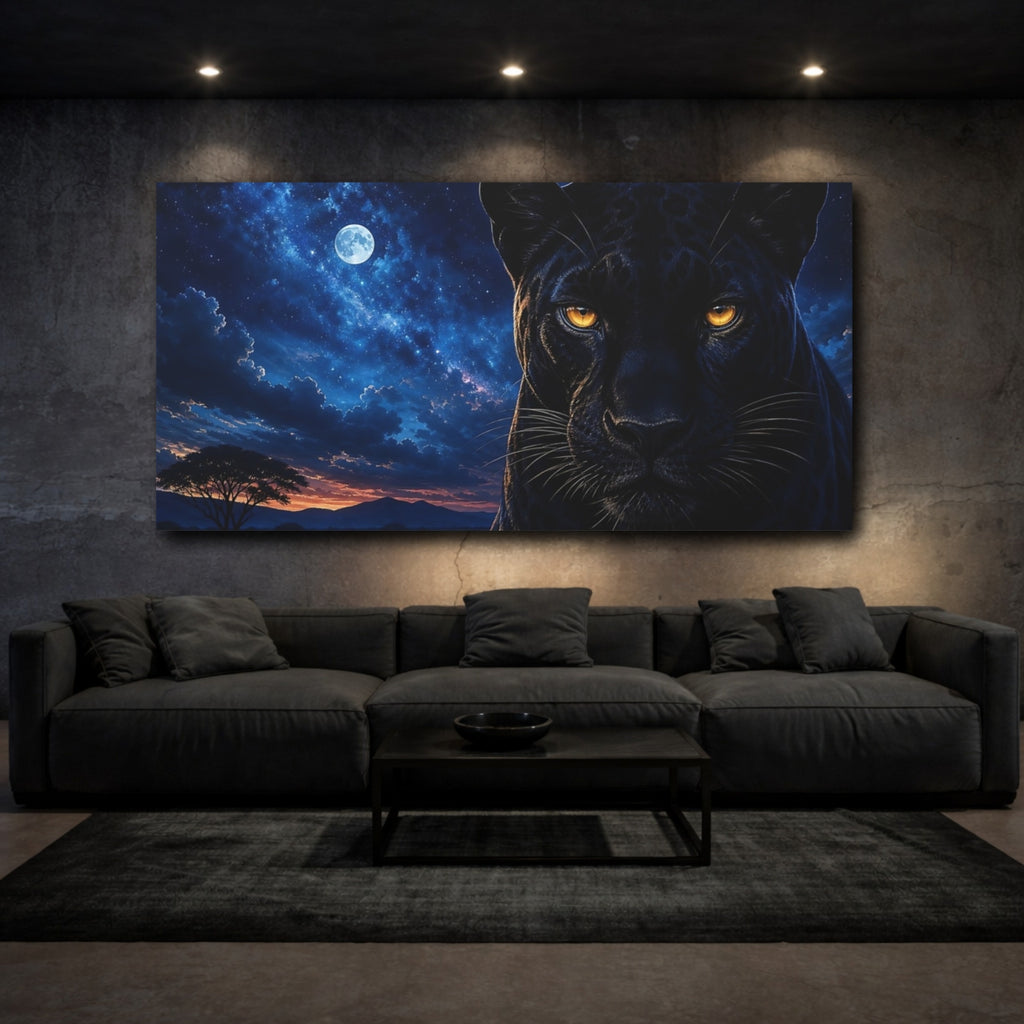 Mockup 3. Animals Black Panther Black Panther Blue Night shown as stretched canvas wall art
