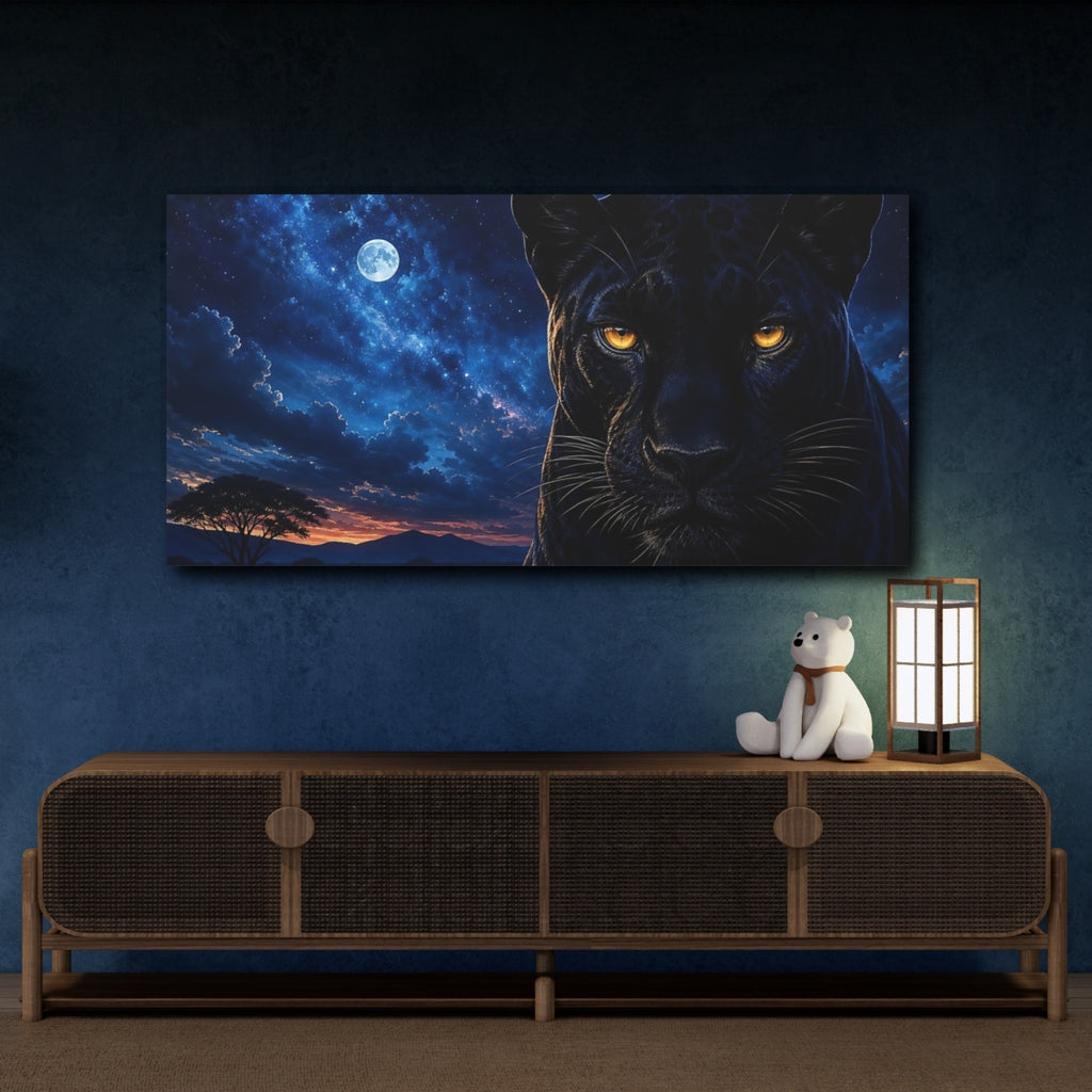 Mockup 4. Animals Black Panther Black Panther Blue Night shown as stretched canvas wall art