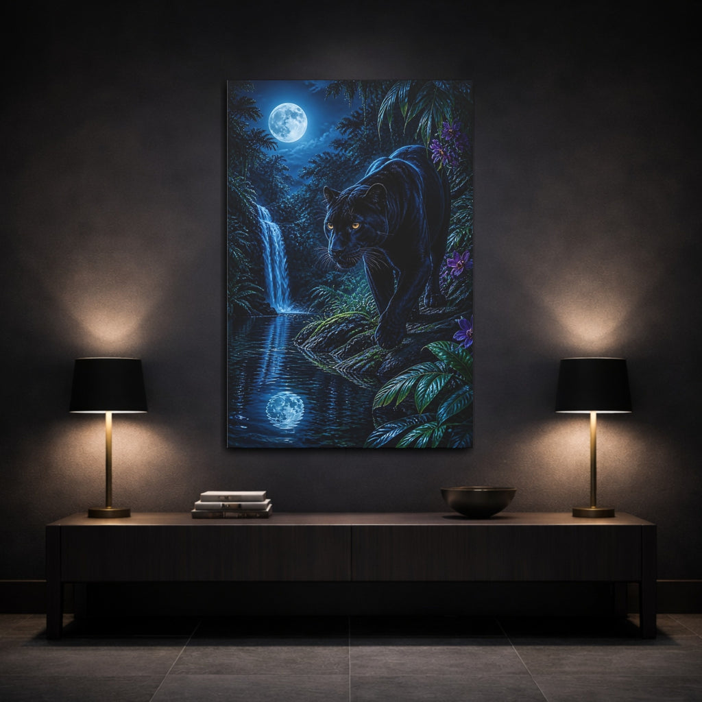 Mockup 3. Animals Black Panther Blue And Black shown as stretched canvas wall art
