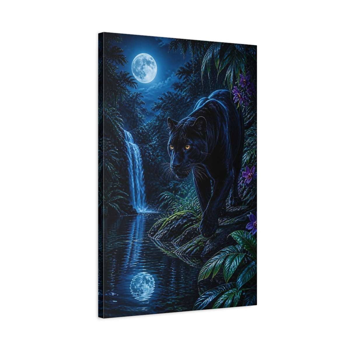 Side Mockup 2. Animals Black Panther Blue And Black shown as stretched canvas wall art