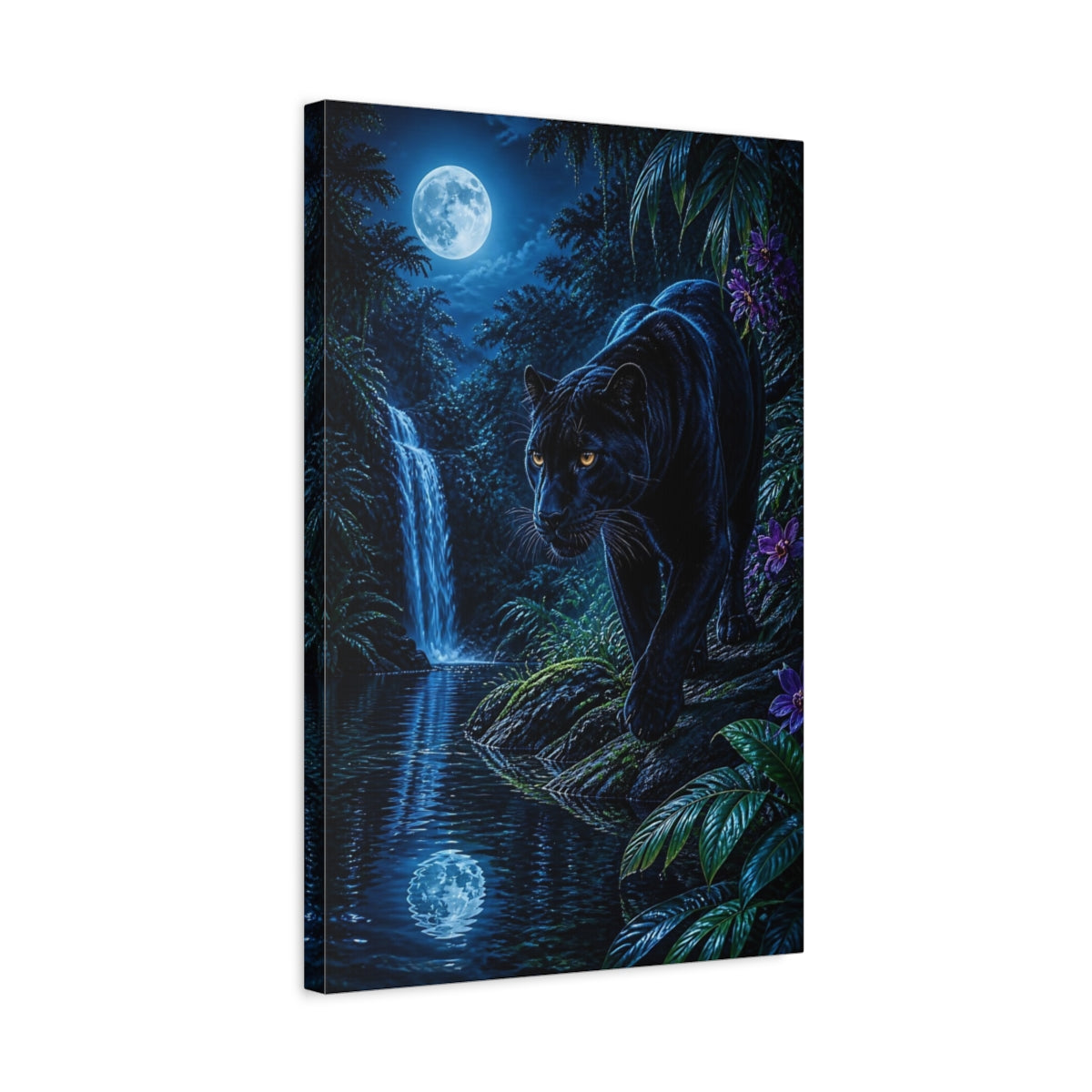 Side Mockup 3. Animals Black Panther Blue And Black shown as stretched canvas wall art