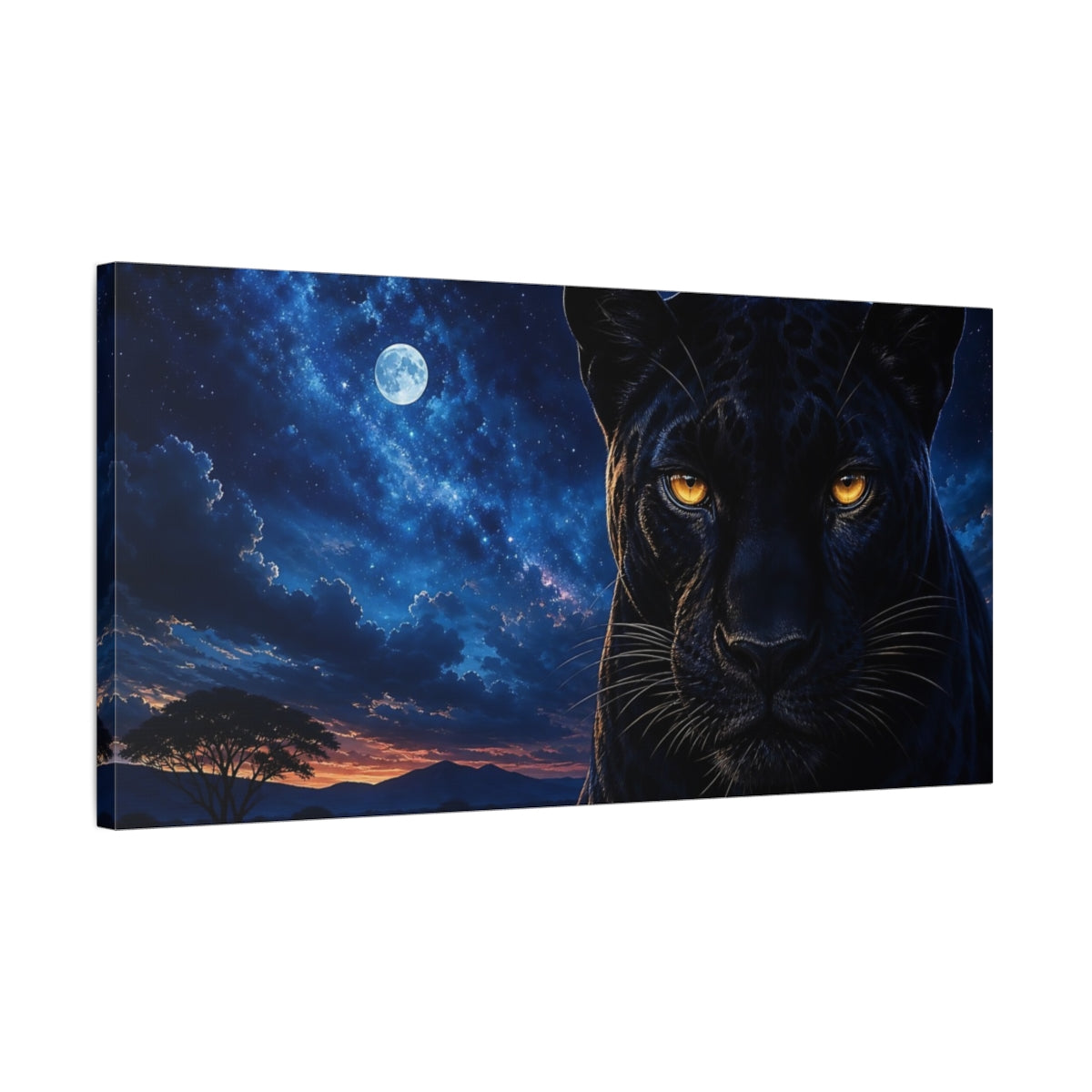 Side Mockup 1. Animals Black Panther Black Panther Blue Night shown as stretched canvas wall art