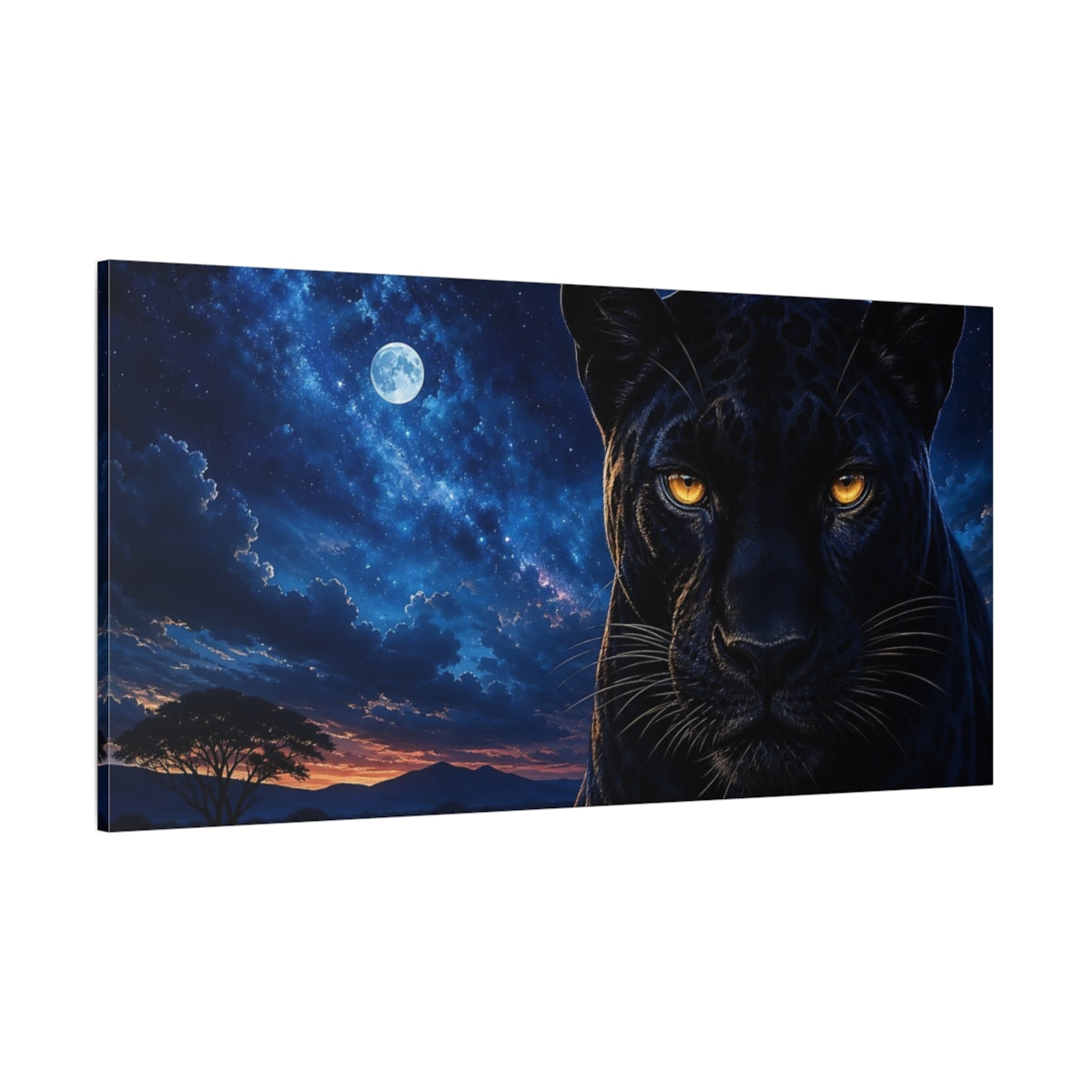 Side Mockup 2. Animals Black Panther Black Panther Blue Night shown as stretched canvas wall art