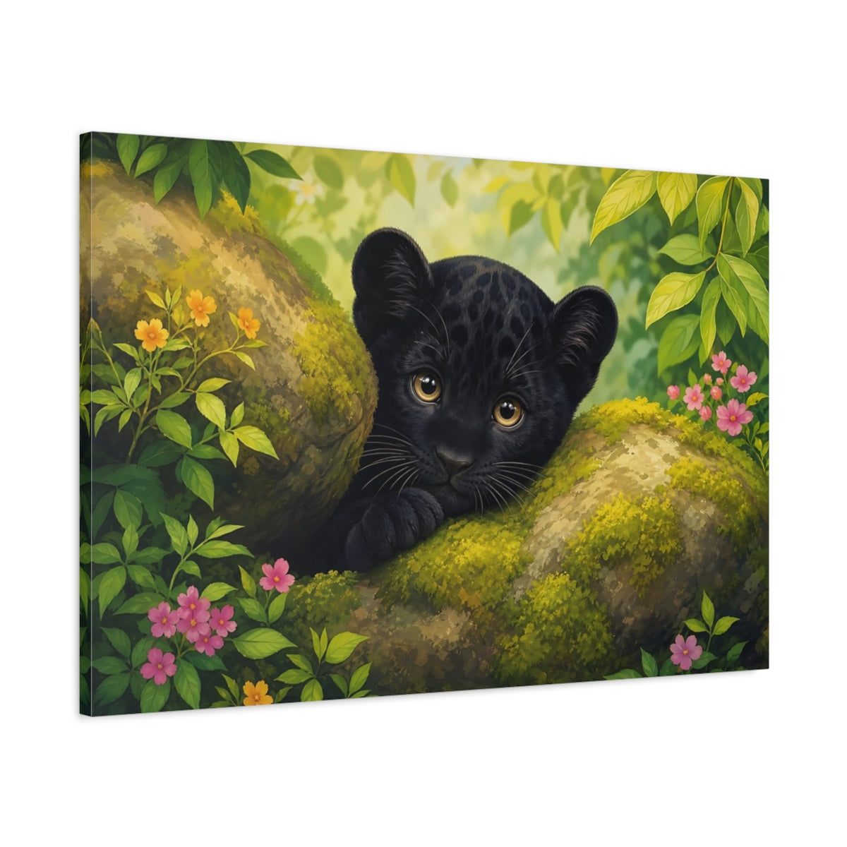 Main Mockup. Animals Black Panther Cub Black Panther Cub shown as stretched canvas wall art