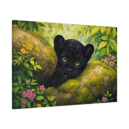 Main Mockup. Animals Black Panther Cub Black Panther Cub shown as stretched canvas wall art