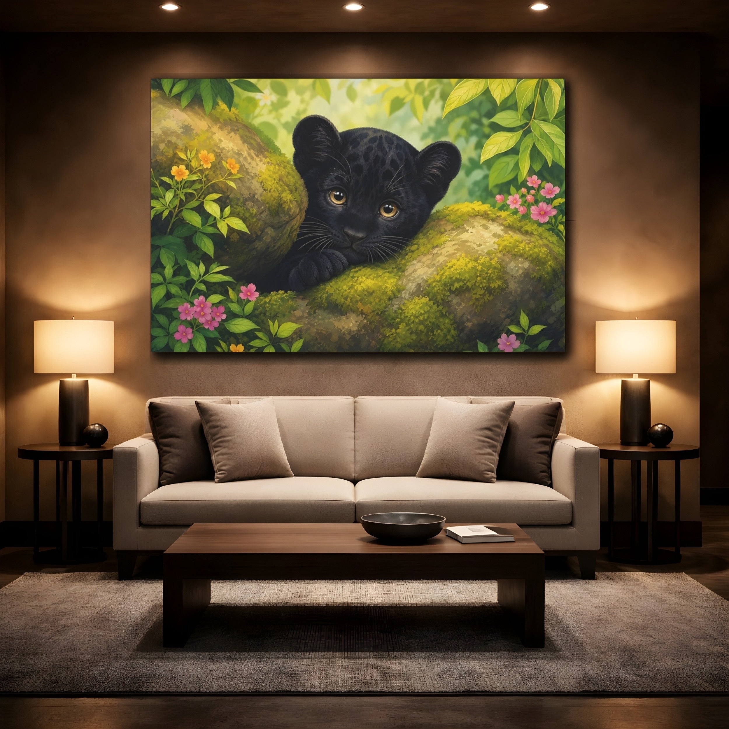 Mockup 2. Animals Black Panther Cub Black Panther Cub shown as stretched canvas wall art