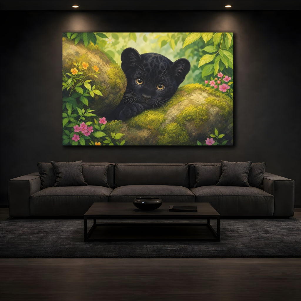 Mockup 3. Animals Black Panther Cub Black Panther Cub shown as stretched canvas wall art