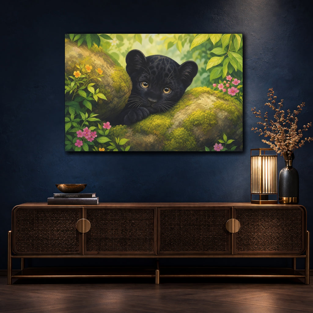 Mockup 4. Animals Black Panther Cub Black Panther Cub shown as stretched canvas wall art