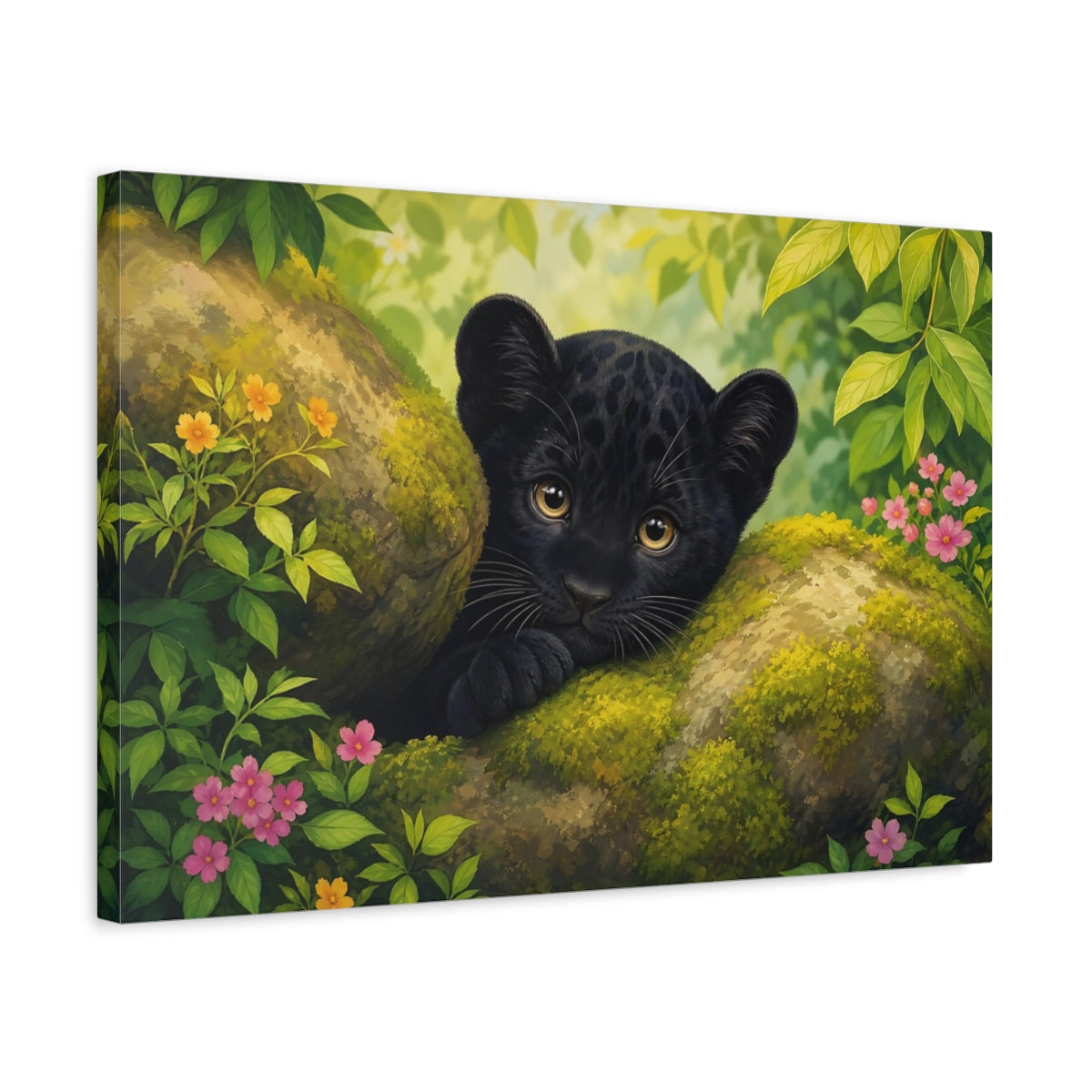 Side Mockup 3. Animals Black Panther Cub Black Panther Cub shown as stretched canvas wall art