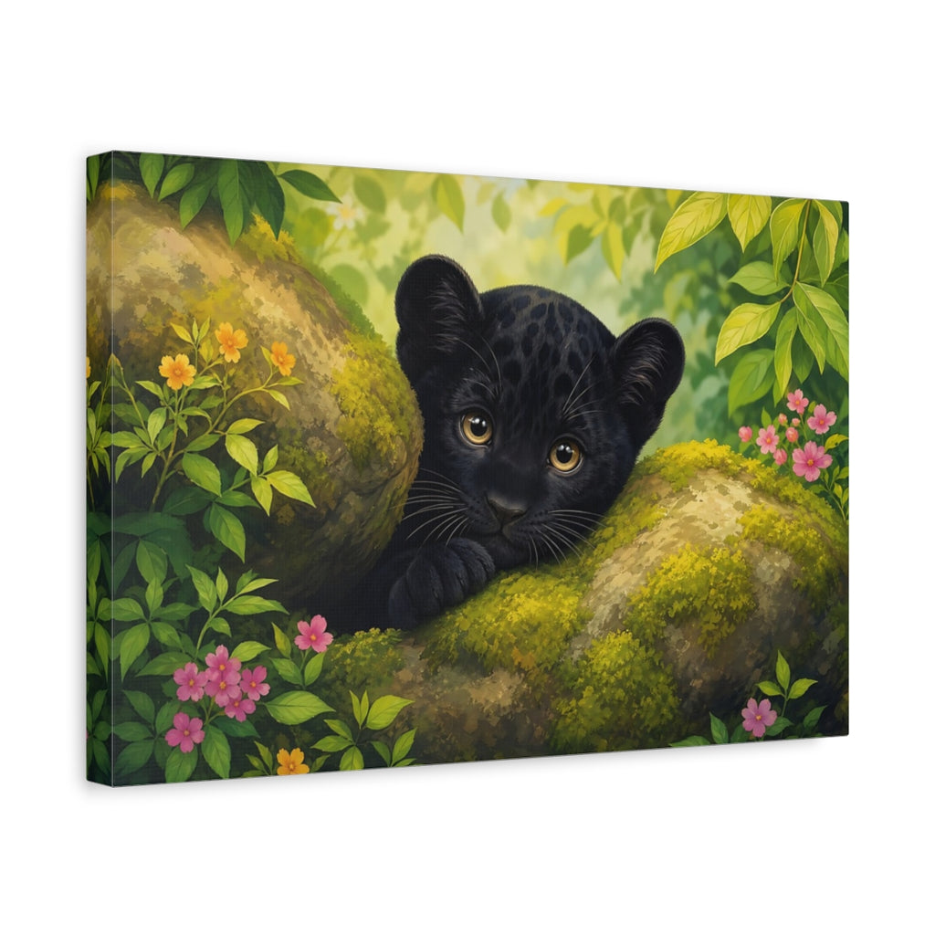 Side Mockup 4. Animals Black Panther Cub Black Panther Cub shown as stretched canvas wall art