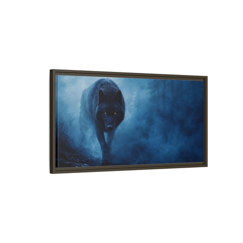 Main Mockup. Animals Black Wolf Black Wolf Blue Fog shown as stretched canvas wall art