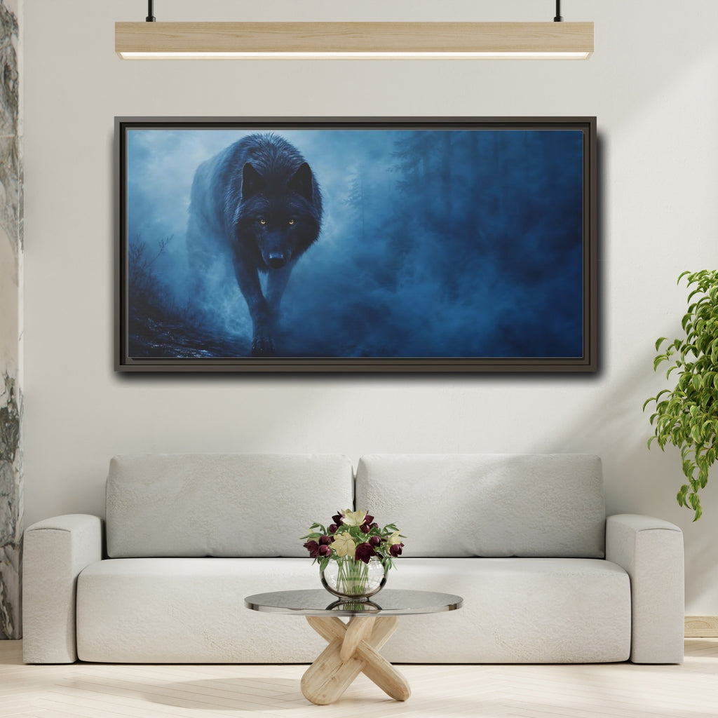 Mockup 2. Animals Black Wolf Black Wolf Blue Fog shown as stretched canvas wall art