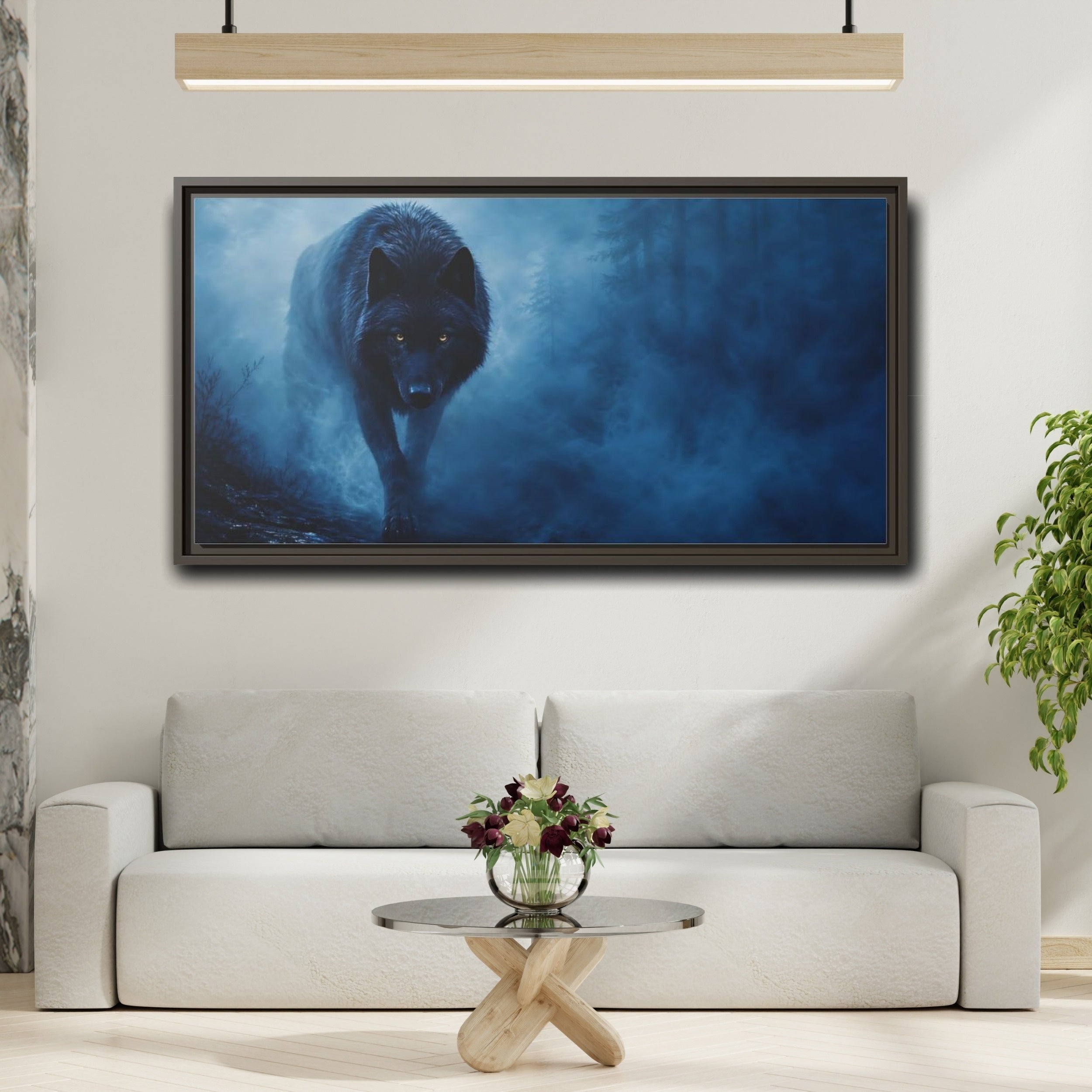 Mockup 2. Animals Black Wolf Black Wolf Blue Fog shown as stretched canvas wall art