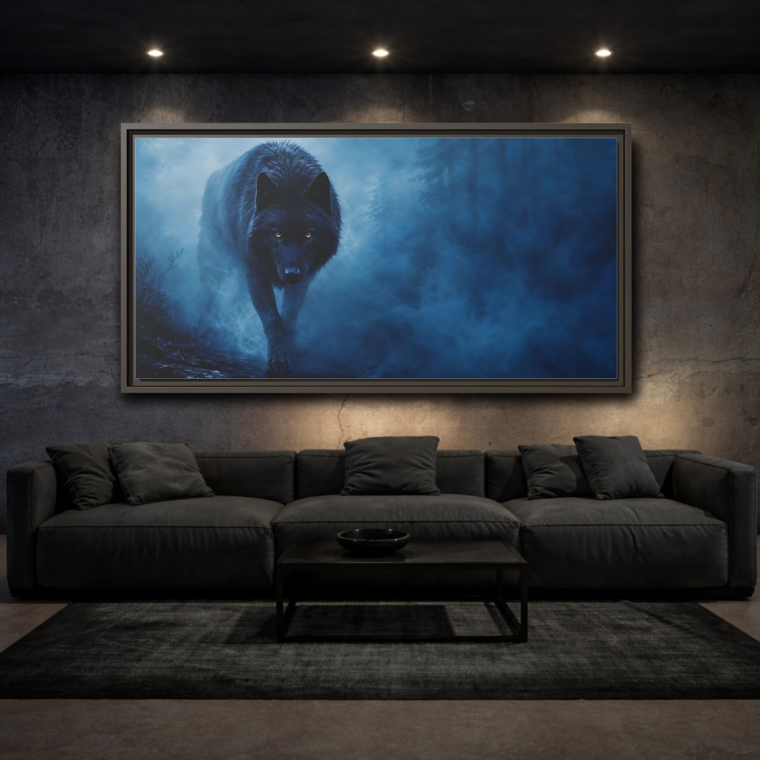 Mockup 3. Animals Black Wolf Black Wolf Blue Fog shown as stretched canvas wall art
