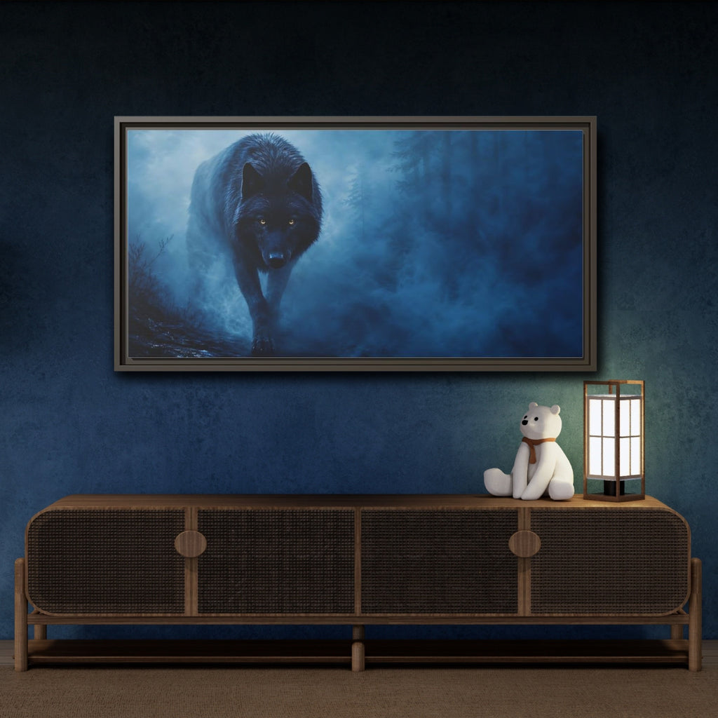 Mockup 4. Animals Black Wolf Black Wolf Blue Fog shown as stretched canvas wall art