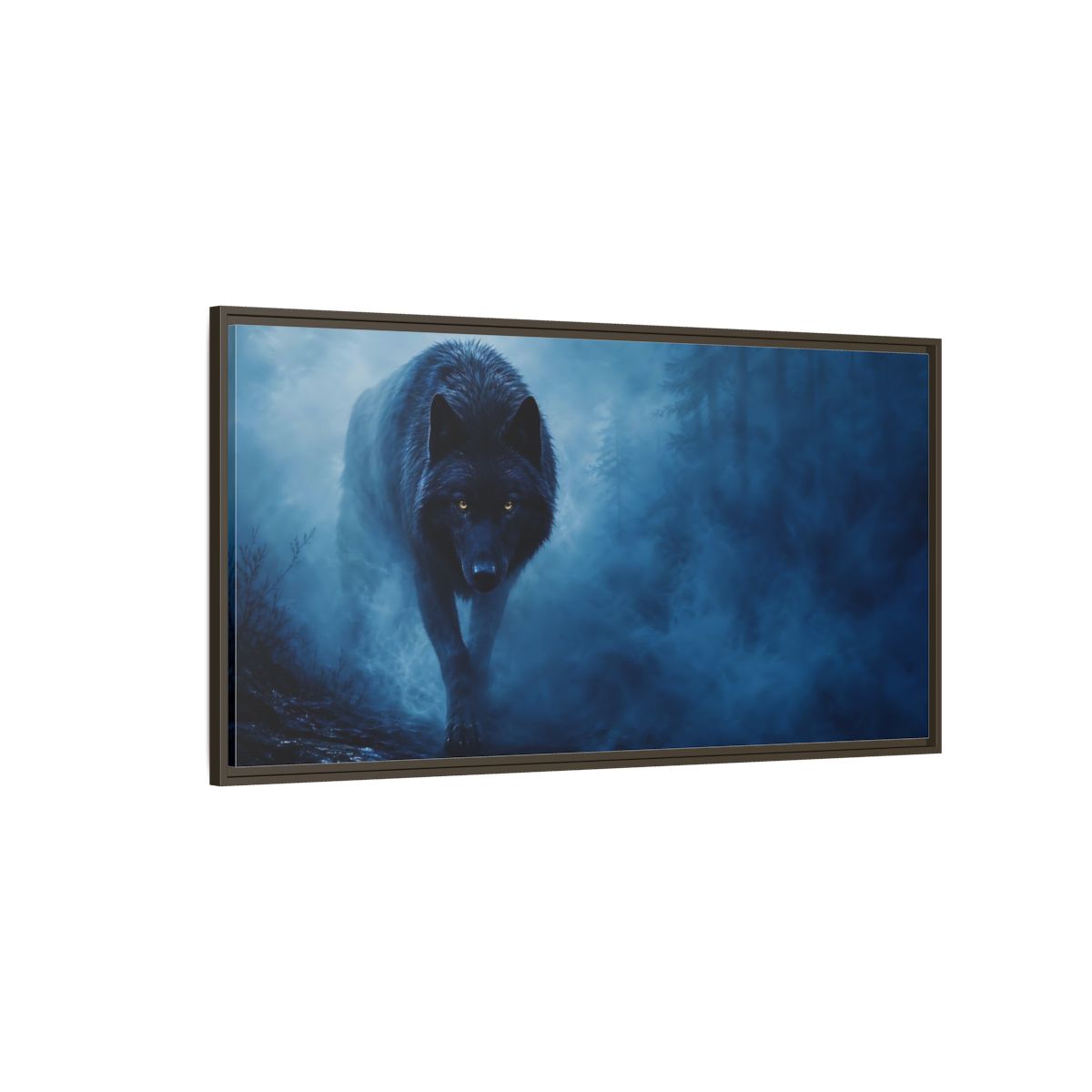 Side Mockup 4. Animals Black Wolf Black Wolf Blue Fog shown as stretched canvas wall art