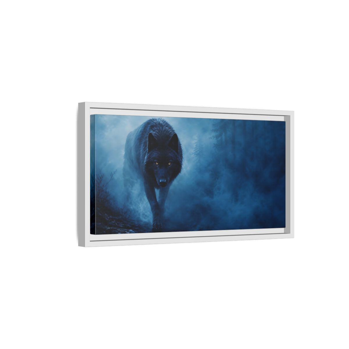 Side Mockup 6. Animals Black Wolf Black Wolf Blue Fog shown as stretched canvas wall art
