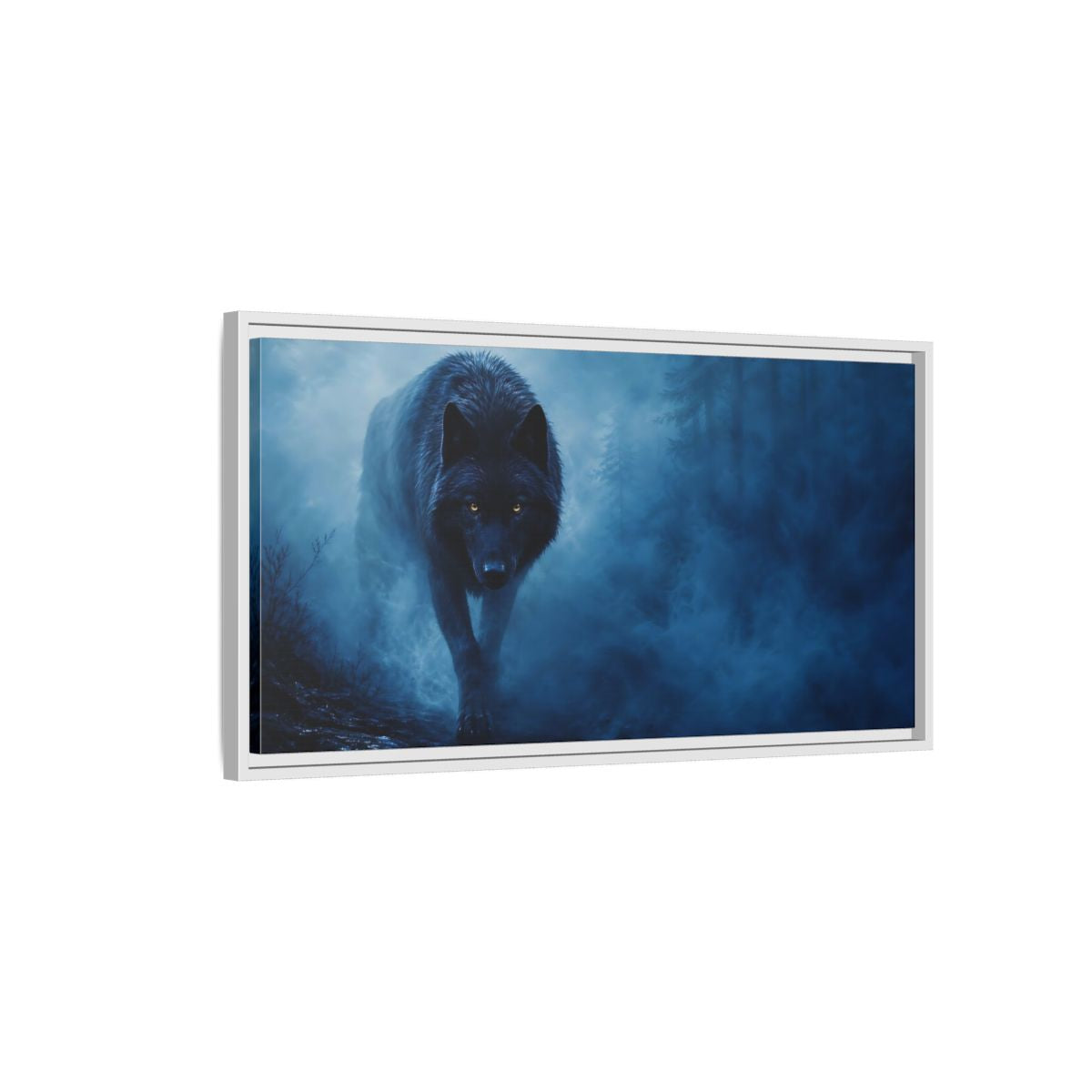 Side Mockup 1. Animals Black Wolf Black Wolf Blue Fog shown as stretched canvas wall art