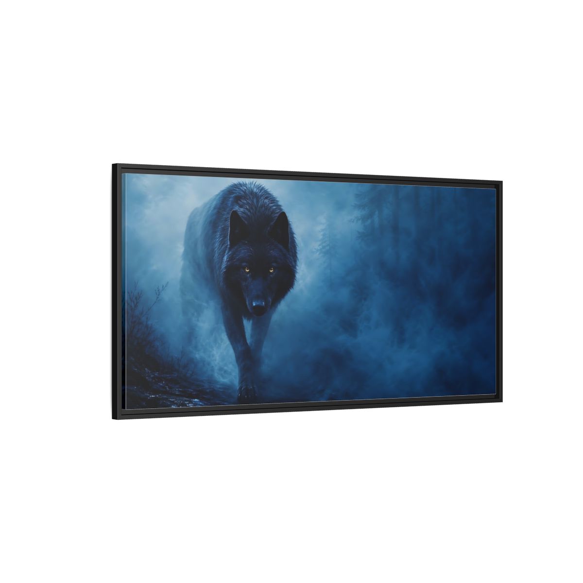 Side Mockup 5. Animals Black Wolf Black Wolf Blue Fog shown as stretched canvas wall art