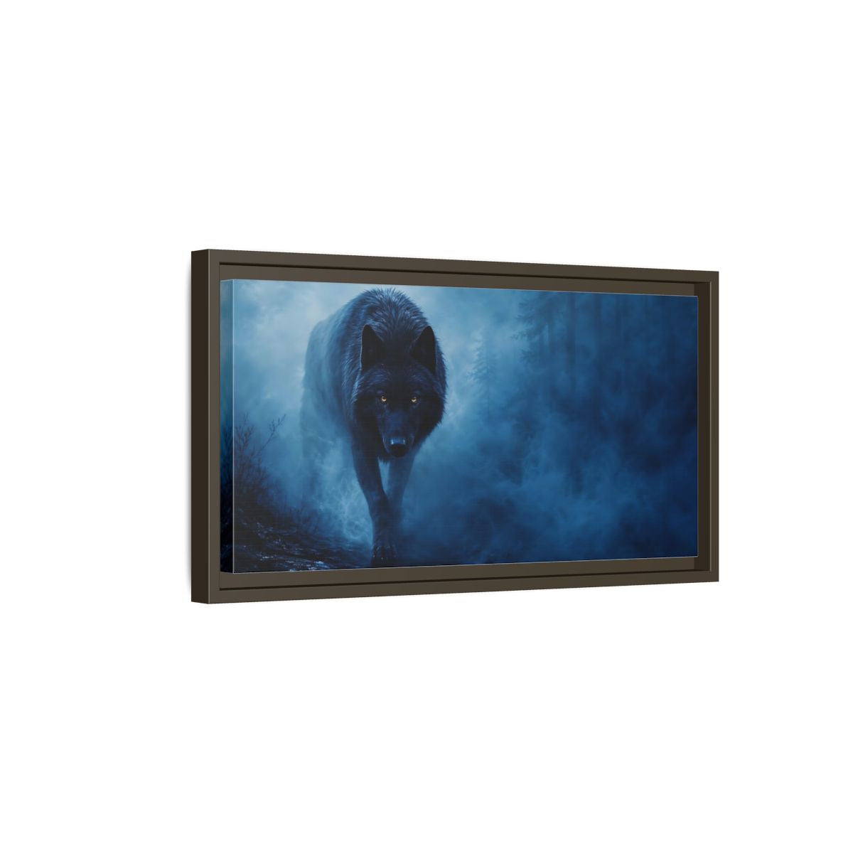 Side Mockup 7. Animals Black Wolf Black Wolf Blue Fog shown as stretched canvas wall art