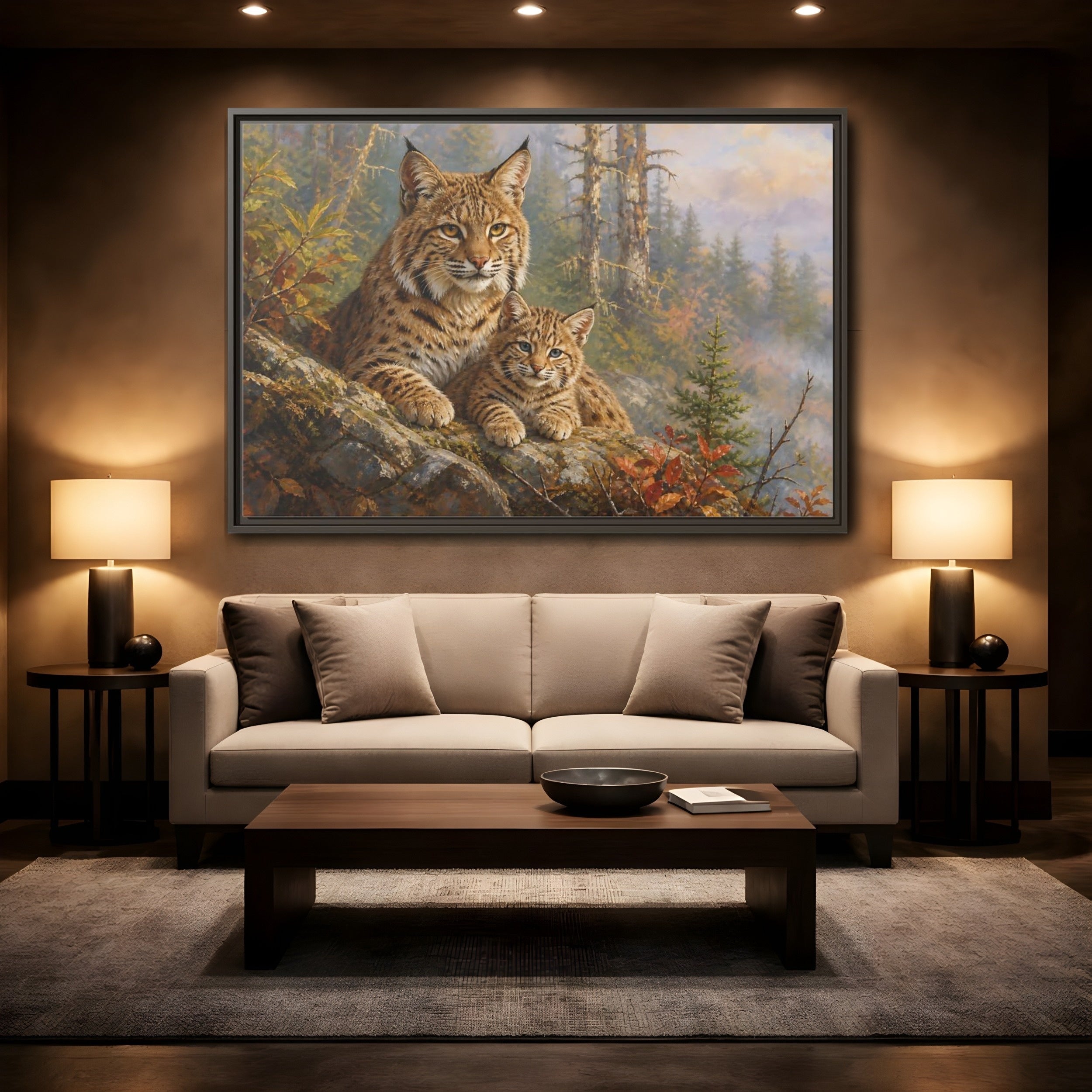 Mockup 2. Animals Bobcats Bobcat Wildlife Art shown as stretched canvas wall art