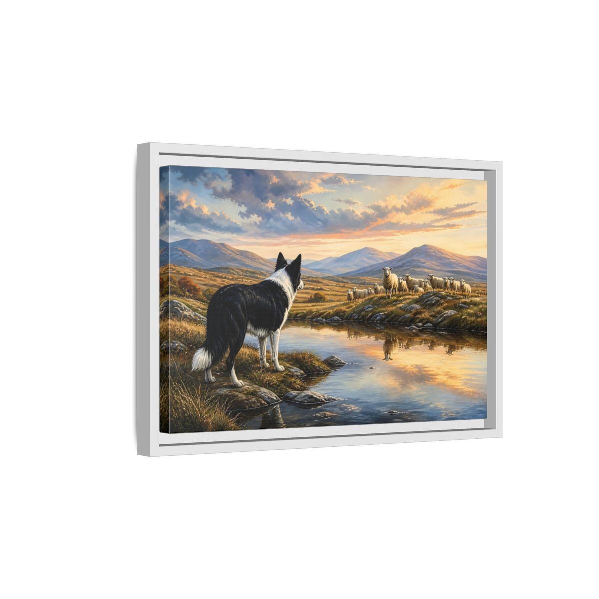 Side Mockup 4. Animals Border Collie, Sheep Golden Hour Animals shown as stretched canvas wall art