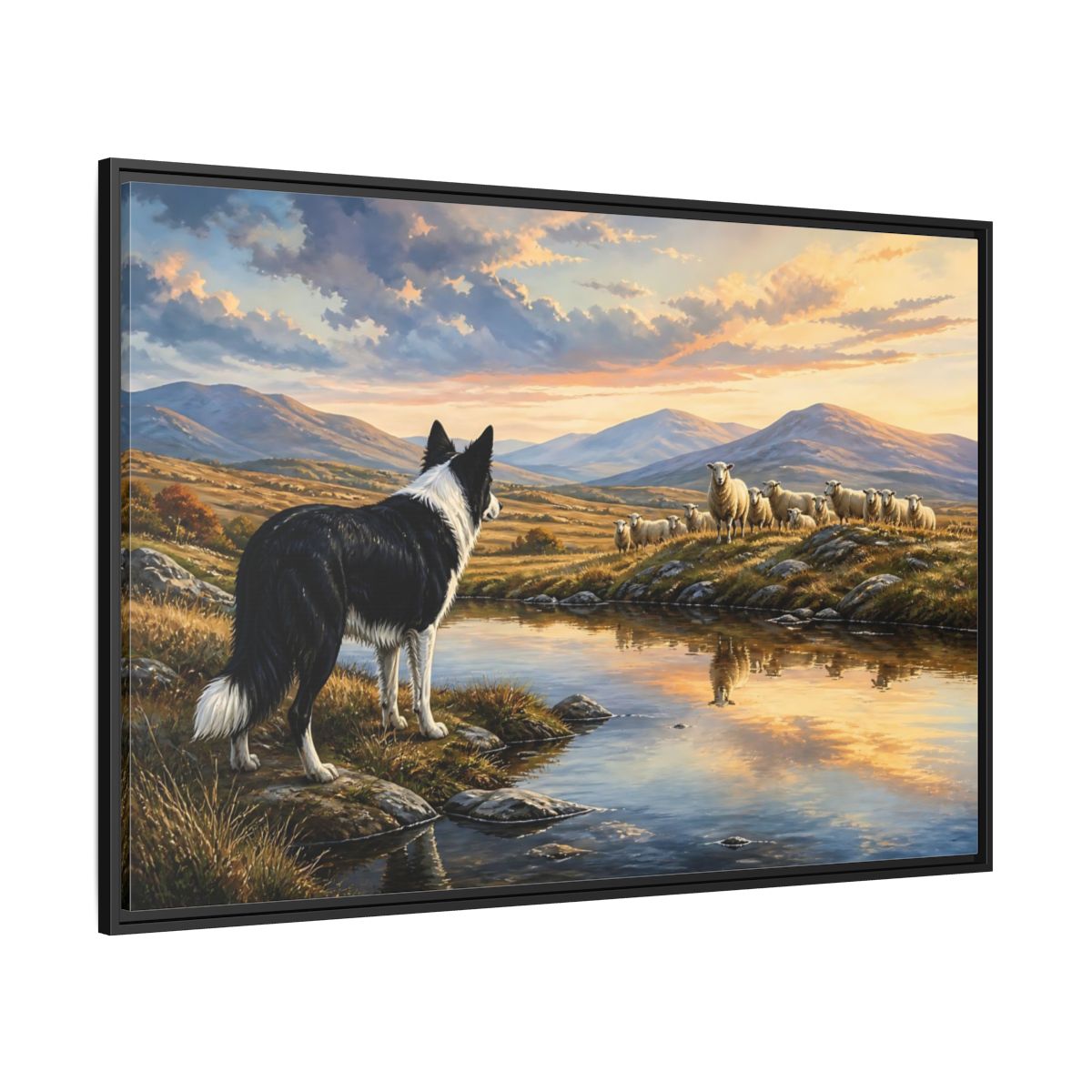 Side Mockup 12. Animals Border Collie, Sheep Golden Hour Animals shown as stretched canvas wall art