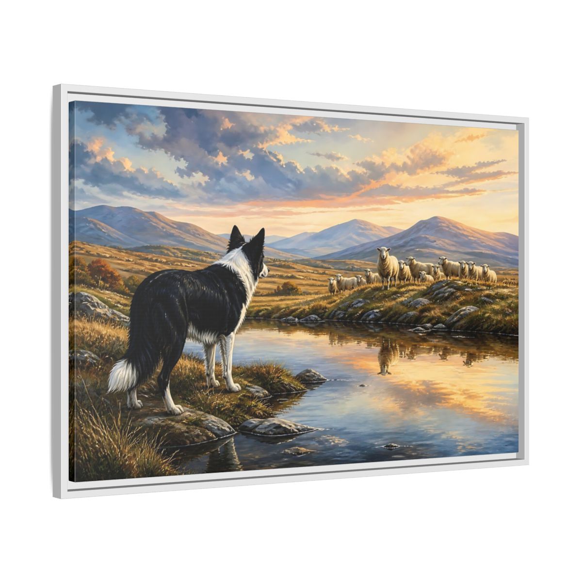 Side Mockup 9. Animals Border Collie, Sheep Golden Hour Animals shown as stretched canvas wall art