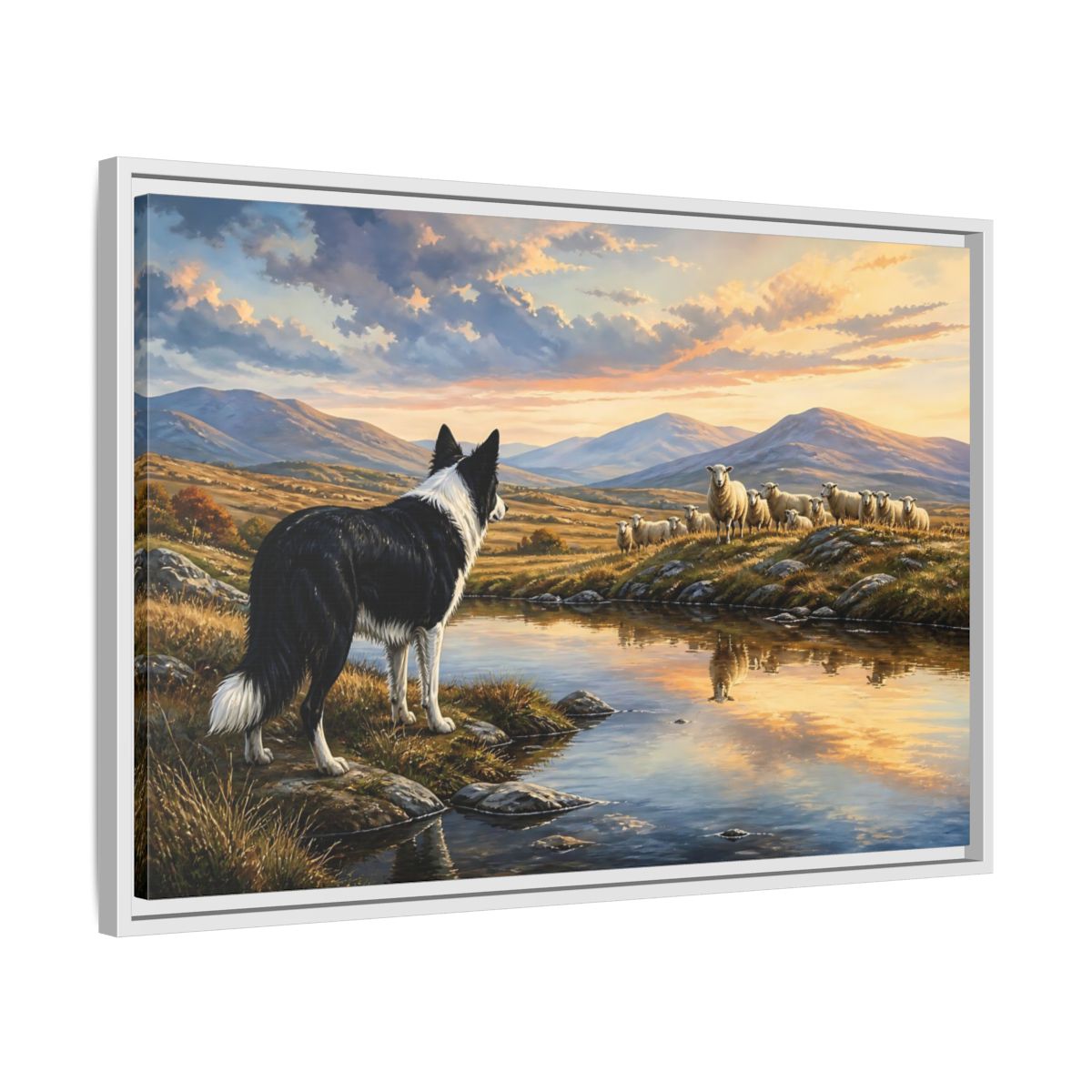 Side Mockup 10. Animals Border Collie, Sheep Golden Hour Animals shown as stretched canvas wall art