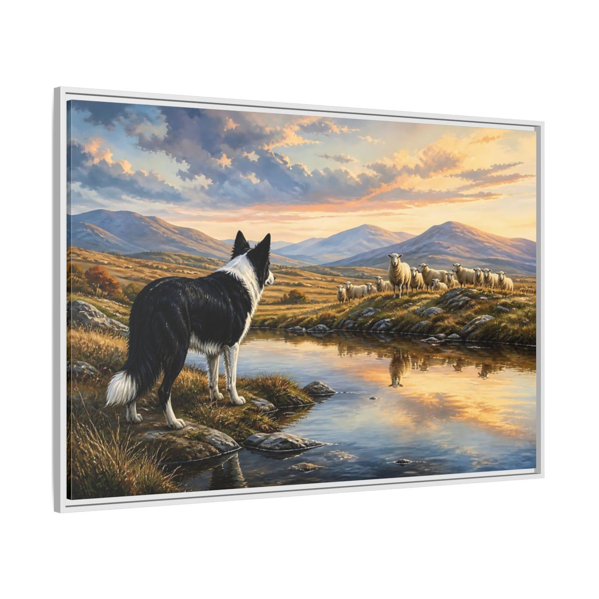 Side Mockup 7. Animals Border Collie, Sheep Golden Hour Animals shown as stretched canvas wall art