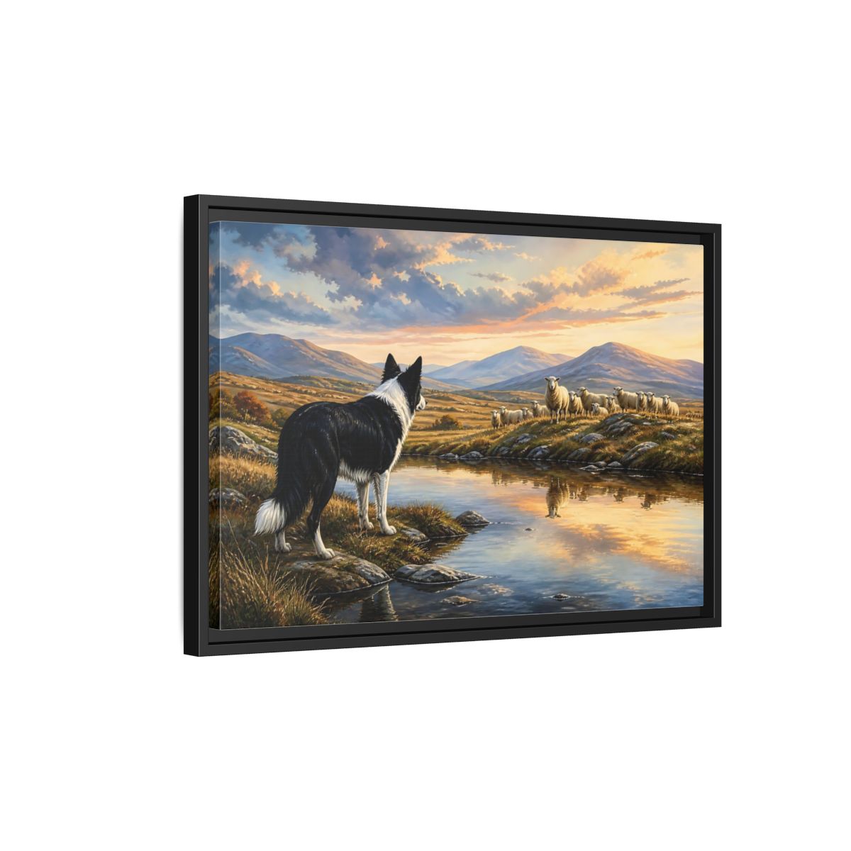 Side Mockup 3. Animals Border Collie, Sheep Golden Hour Animals shown as stretched canvas wall art