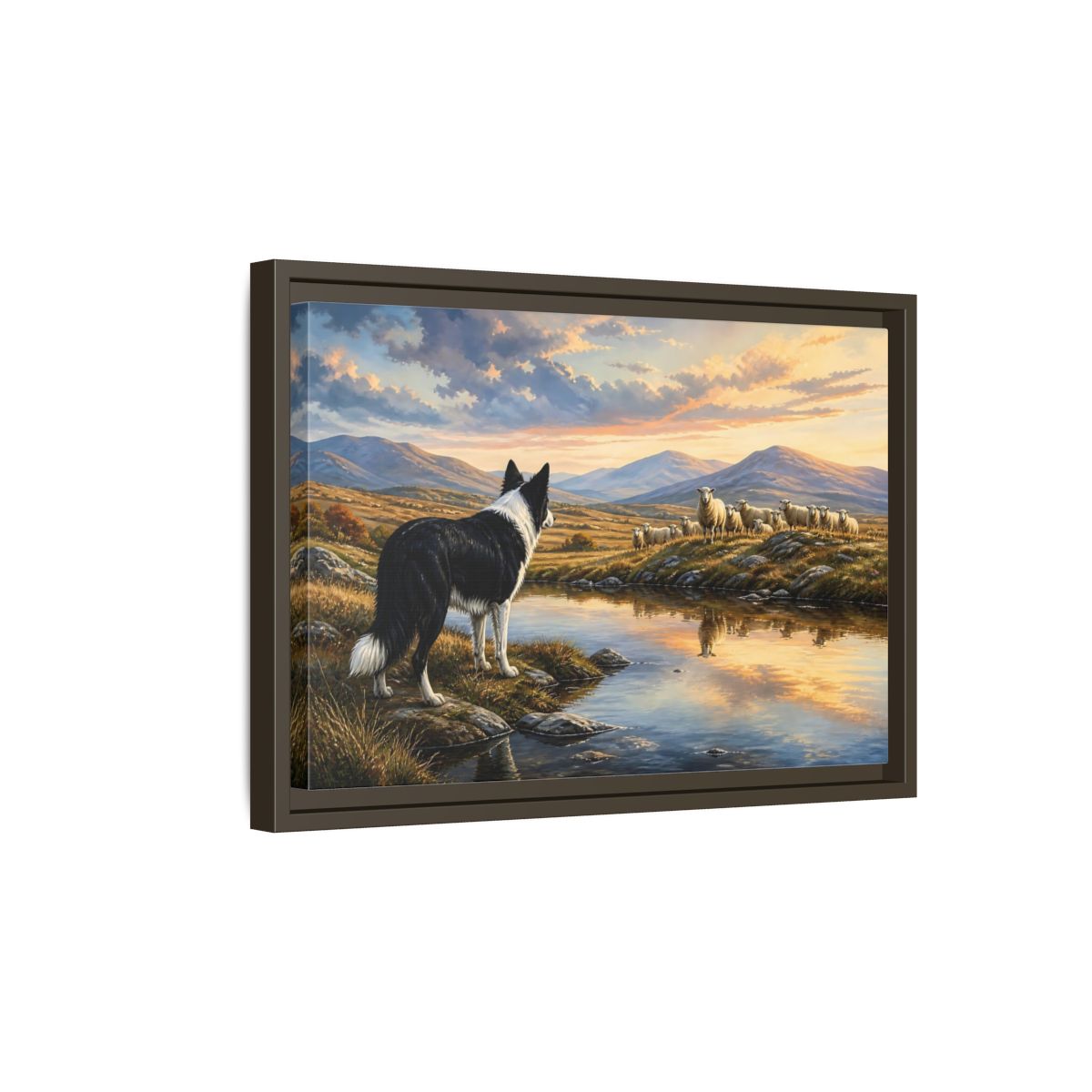 Side Mockup 5. Animals Border Collie, Sheep Golden Hour Animals shown as stretched canvas wall art