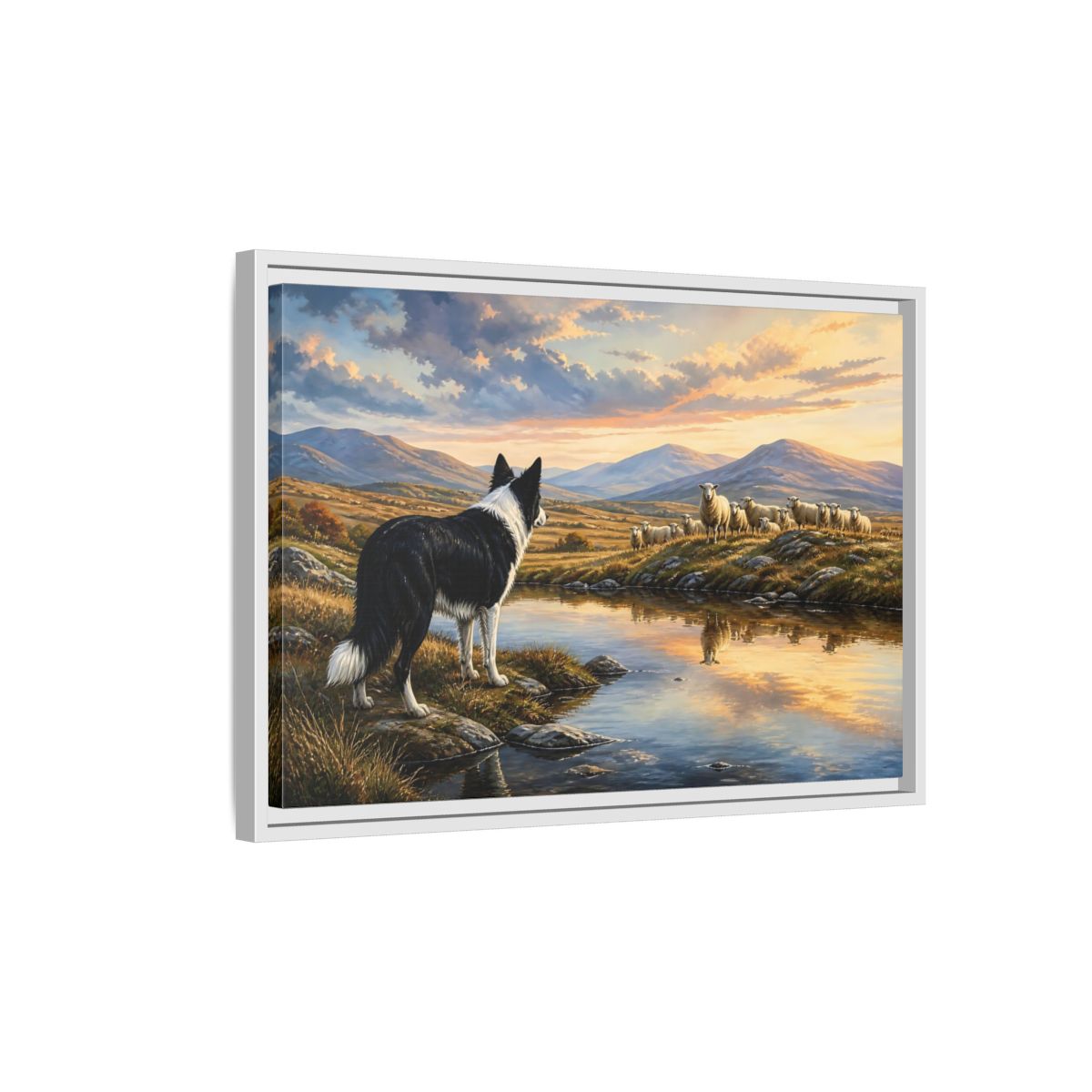 Side Mockup 1. Animals Border Collie, Sheep Golden Hour Animals shown as stretched canvas wall art