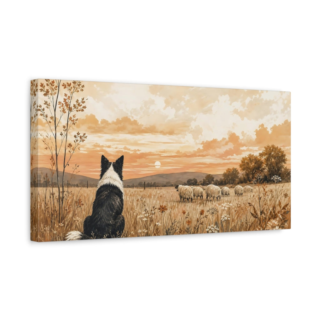 Side Mockup 3. Animals Border Collie Warm Rustic Landscape shown as stretched canvas wall art