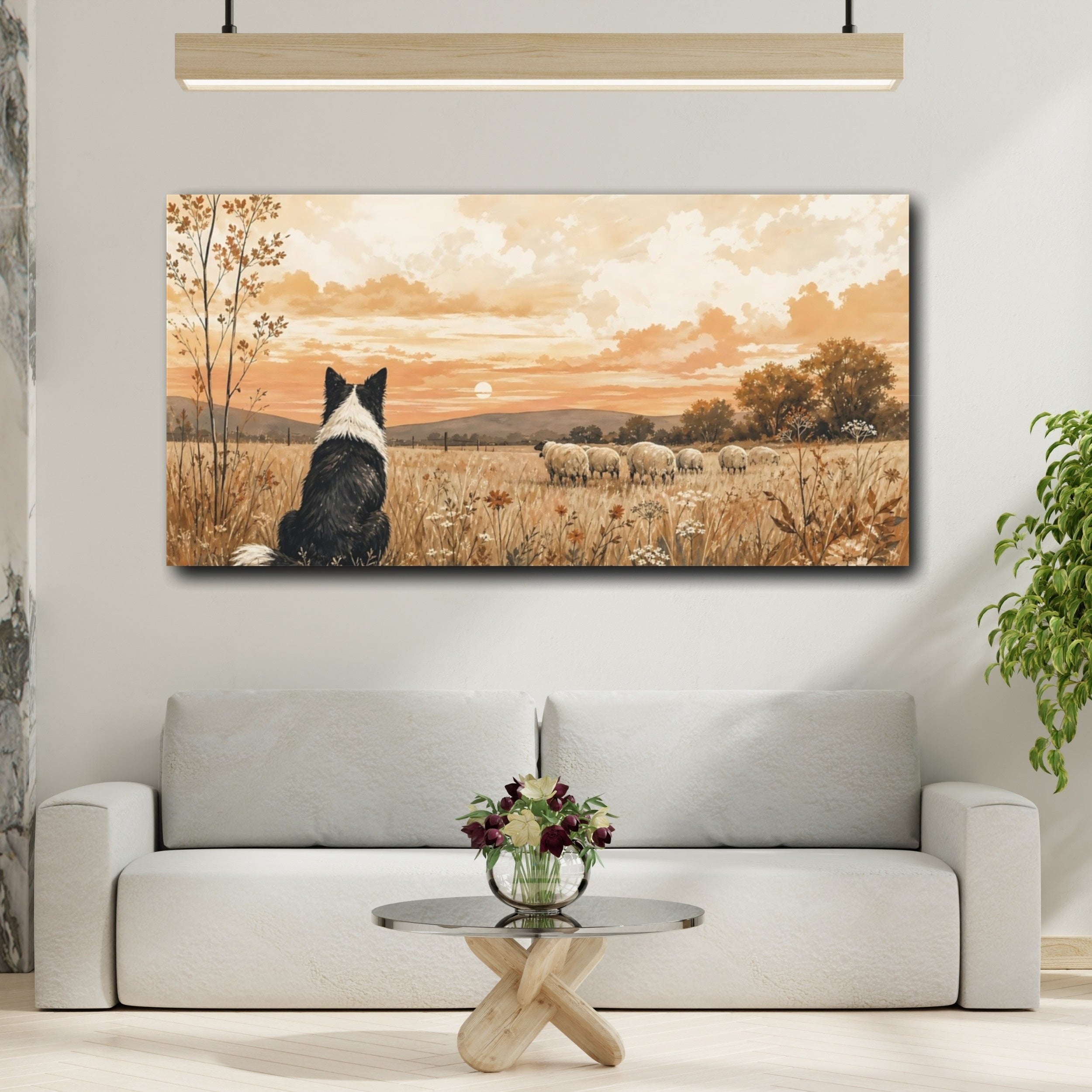 Mockup 2. Animals Border Collie Warm Rustic Landscape shown as stretched canvas wall art