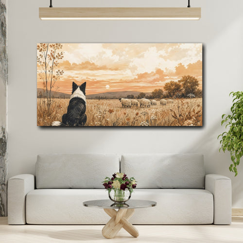 Mockup 2. Animals Border Collie Warm Rustic Landscape shown as stretched canvas wall art