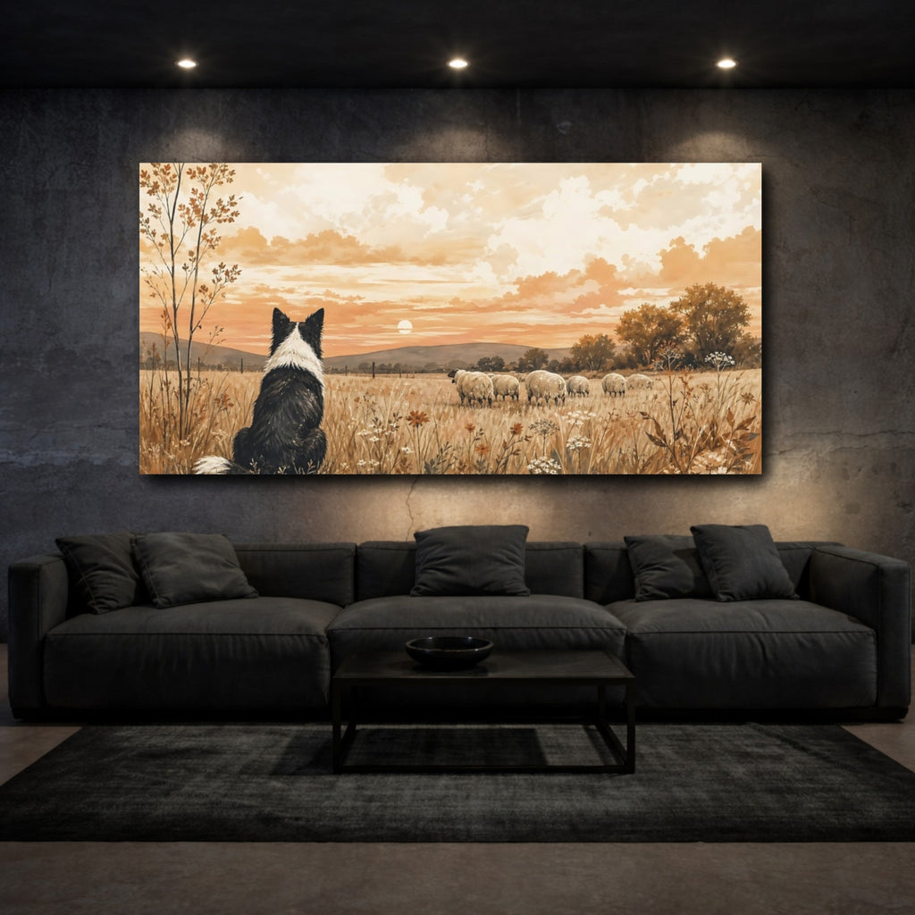 Mockup 3. Animals Border Collie Warm Rustic Landscape shown as stretched canvas wall art