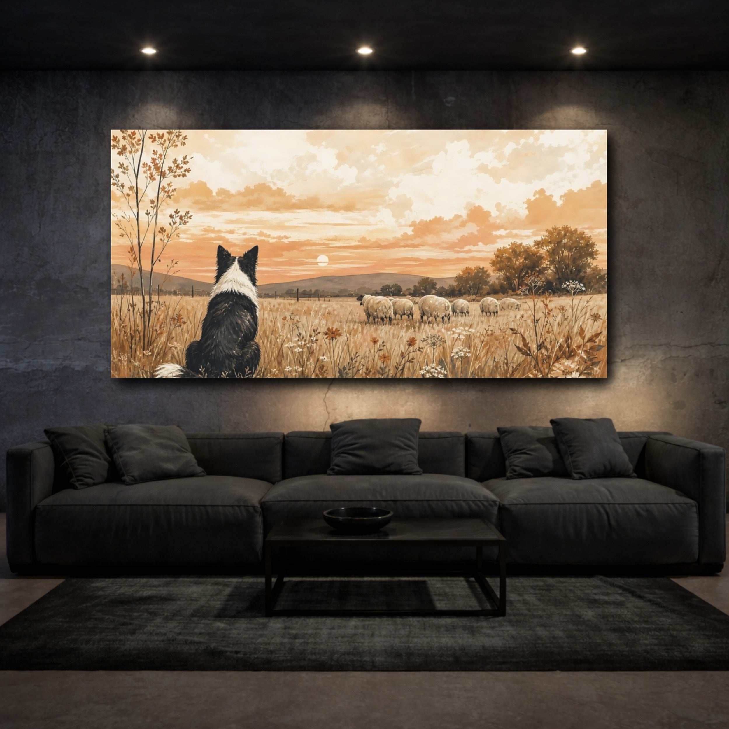 Mockup 3. Animals Border Collie Warm Rustic Landscape shown as stretched canvas wall art