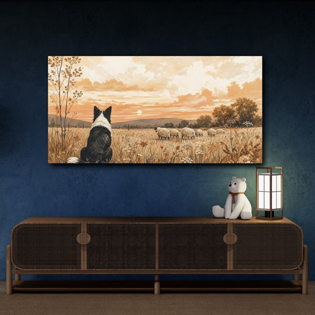 Mockup 4. Animals Border Collie Warm Rustic Landscape shown as stretched canvas wall art