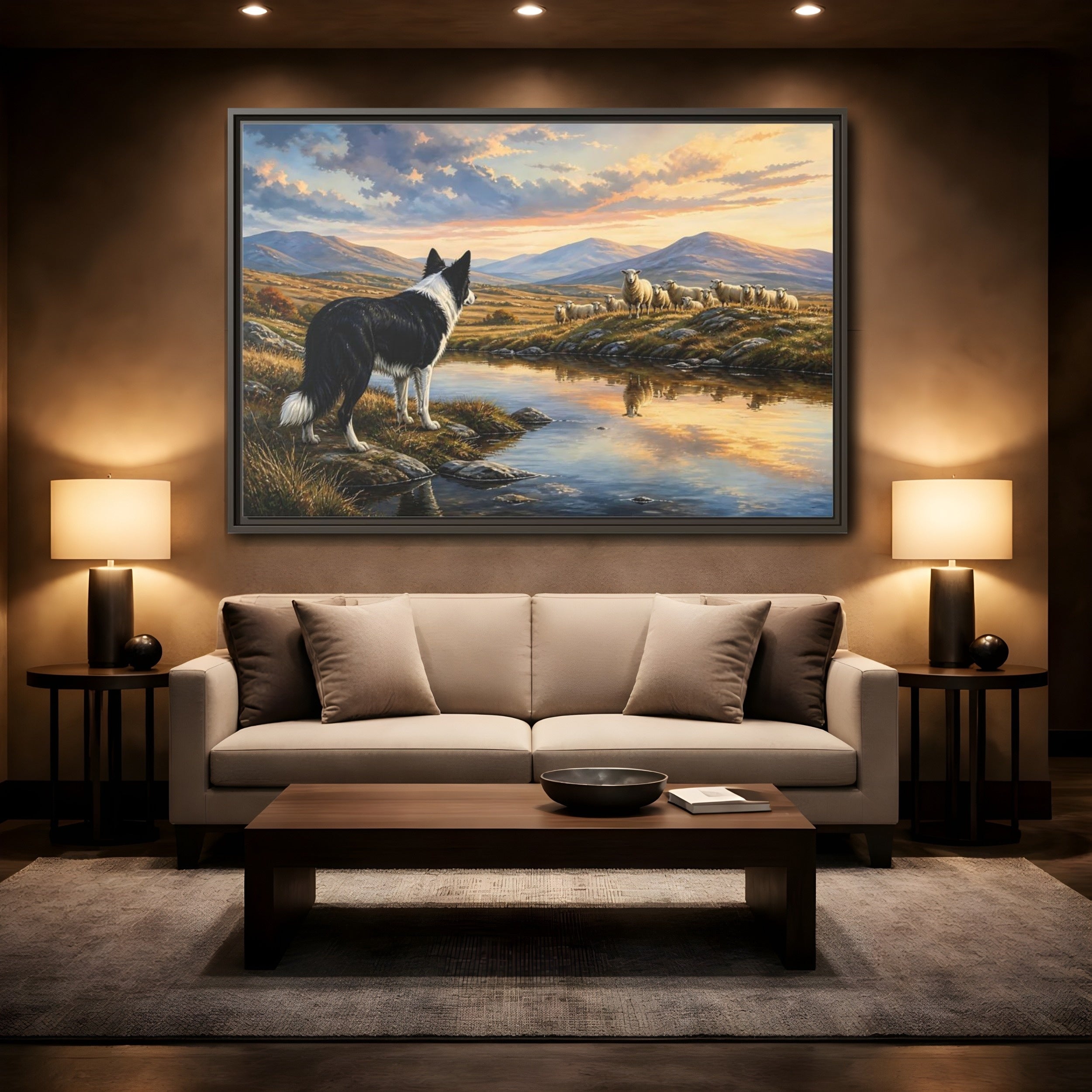 Mockup 2. Animals Border Collie, Sheep Golden Hour Animals shown as stretched canvas wall art