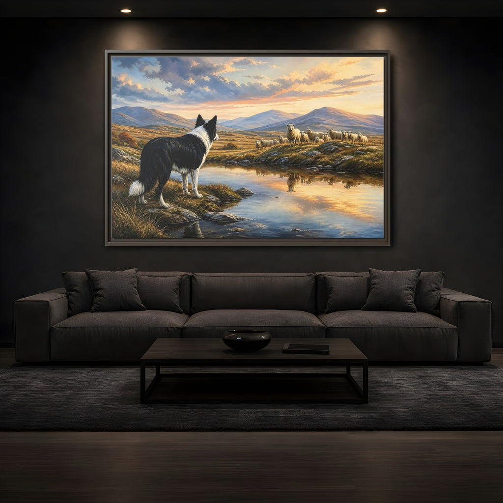 Mockup 3. Animals Border Collie, Sheep Golden Hour Animals shown as stretched canvas wall art