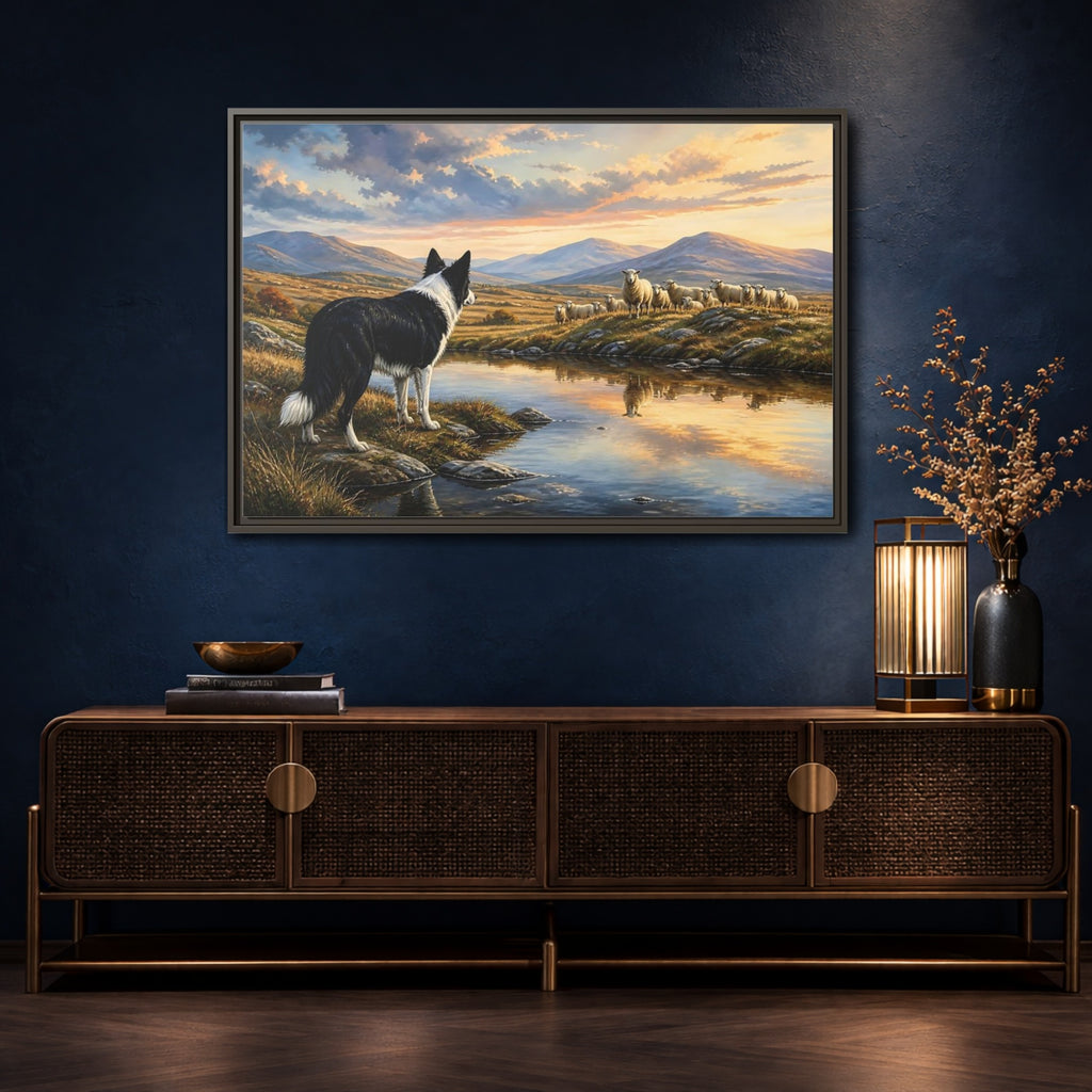 Mockup 4. Animals Border Collie, Sheep Golden Hour Animals shown as stretched canvas wall art
