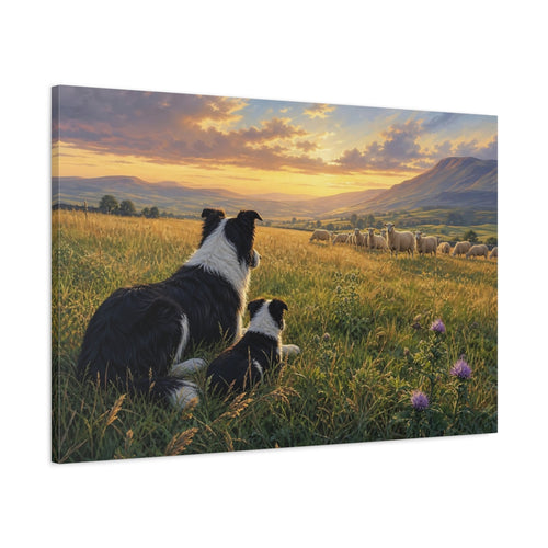 Main Mockup. Animals Border Collies Golden Sunset Meadow shown as stretched canvas wall art