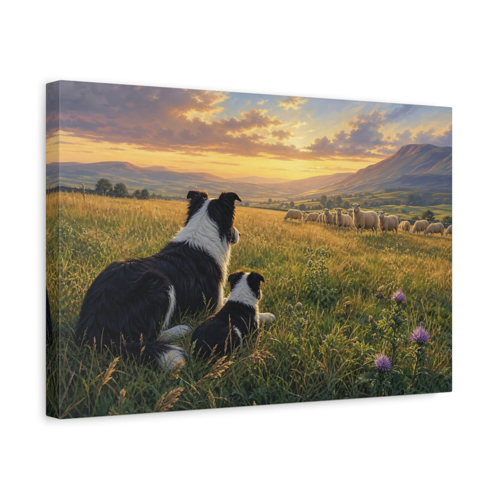 Side Mockup 4. Animals Border Collies Golden Sunset Meadow shown as stretched canvas wall art