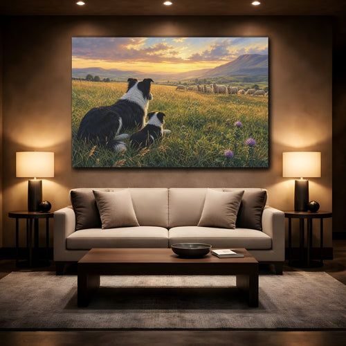 Mockup 2. Animals Border Collies Golden Sunset Meadow shown as stretched canvas wall art